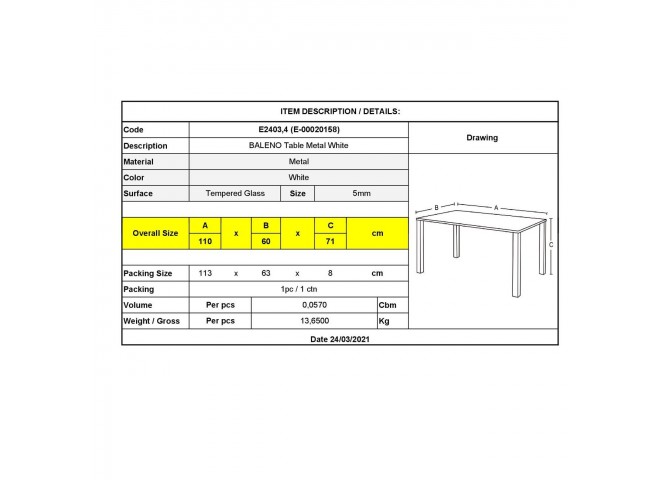 Τραπέζι 110x60cm Μεταλλικό Άσπρο