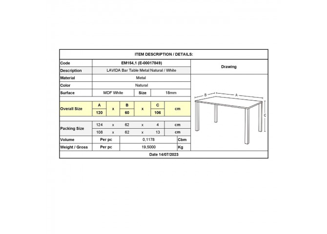 Τραπέζι bar 120x60cm μεταλλικό