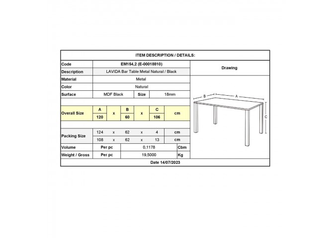 Τραπέζι Bar Μεταλλικό Φυσικό/Μαύρο MDF 120x60