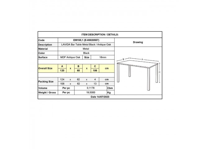 Τραπέζι BAR 120x60x106cm Antique Oak, Μεταλ.Μαύρο