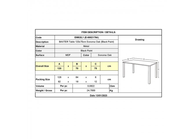 Τραπέζι Sonoma Oak/Βαφή Μαύρη 120x70x75cm