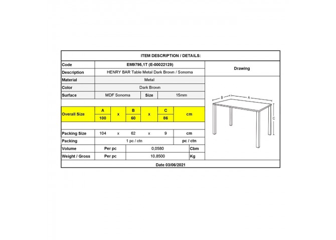 Τραπέζι BAR 100x60x86cm Μεταλ.Σκ.Καφέ/Sonoma