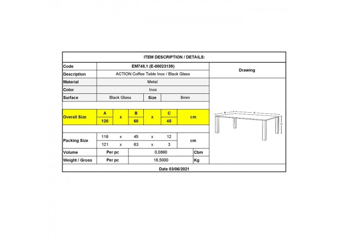 Tραπεζάκι Σαλονιού - Καθιστικού 120x60cm Inox / Μαυρό Γυαλί 8mm