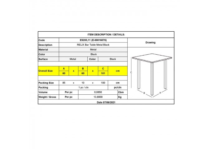 Τραπέζι BAR 60x60x101cm Μεταλλικό Μαύρο