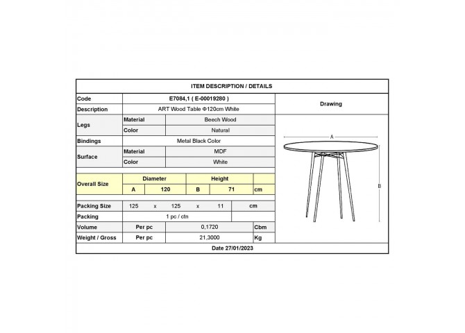 Wood Τραπέζι Φ120/H74cm Λευκό