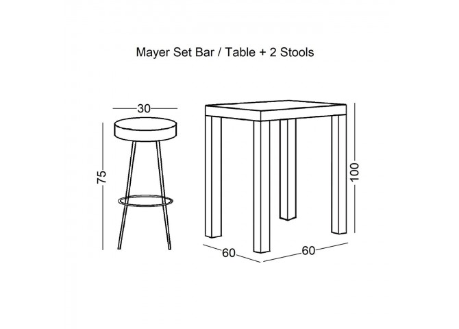 Set Bar (Τραπ.60x60cm+2 Σκαμπώ) Μεταλ.Ανθρακί/Antique Brown