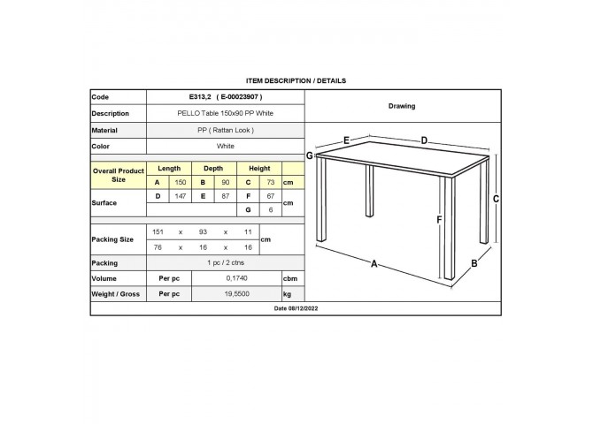 PELLO Τραπέζι Dining Κήπου- Βεράντας, PP Άσπρο