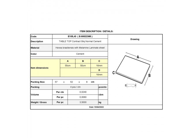 ΚΑΠΑΚΙ ΕΠΙΦΑΝΕΙΑΣ ΤΡΑΠΕΖΙΟΥ  Contract Sliq 50x55cm/16mm Cement