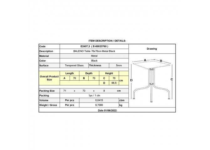 BALENO Τραπέζι Κήπου - Βεράντας, Μέταλλο Βαφή Μαύρο, Γυαλί Tempered