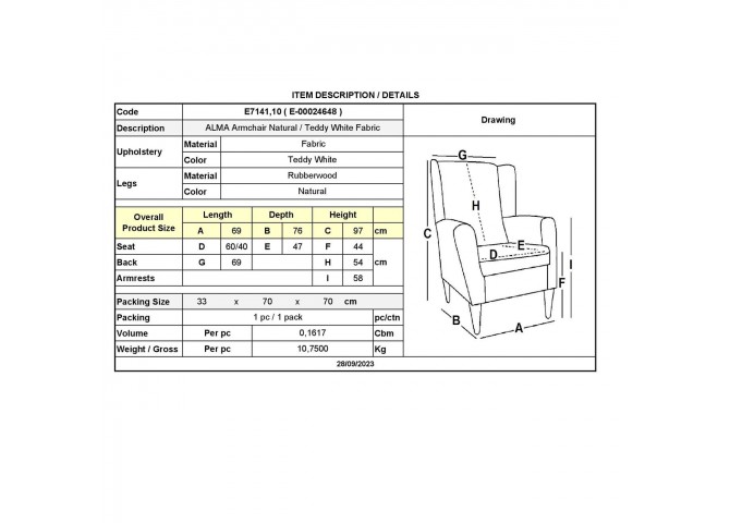 ALMA Πολυθρόνα - Μπερζέρα Σαλονιού - Καθιστικού Φυσικό, Teddy Ύφασμα Άσπρο, K/D