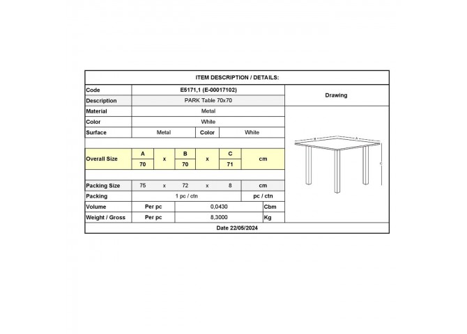 Τραπέζι εξωτερικού χώρου σε λευκό χρώμα 70x70